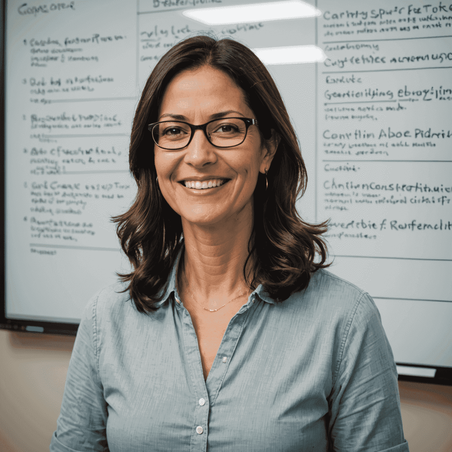 Foto de María Rodríguez, fundadora y directora de programación. Mujer de mediana edad con cabello oscuro y gafas, sonriendo frente a una pizarra con código.