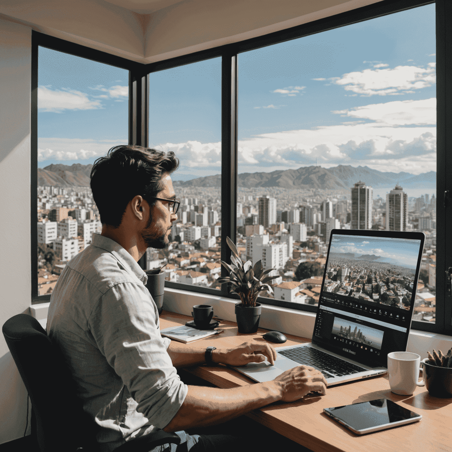 Programador peruano trabajando remotamente desde su casa con una vista de Lima al fondo