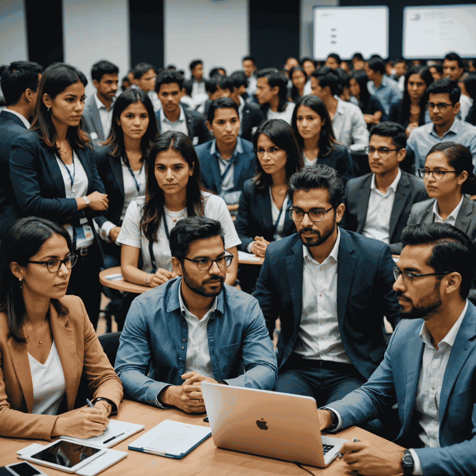 Grupo diverso de profesionales de TI en una conferencia tecnológica en Lima, Perú. Se ven personas interactuando, presentando en pantallas y participando en talleres.