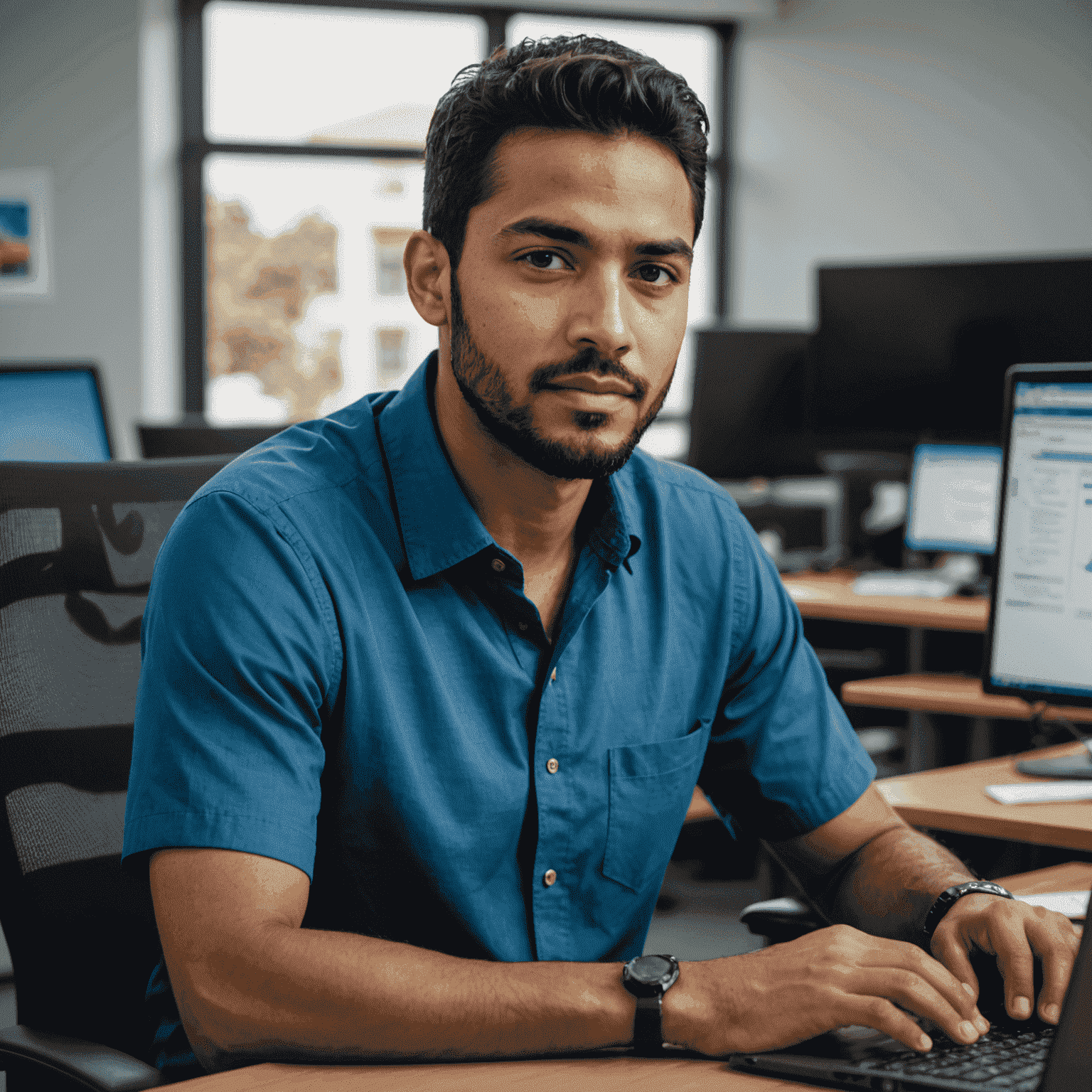 Foto de Carlos Mendoza, jefe de educación. Hombre joven de piel morena con barba corta, vestido con camisa azul, sentado frente a una computadora.