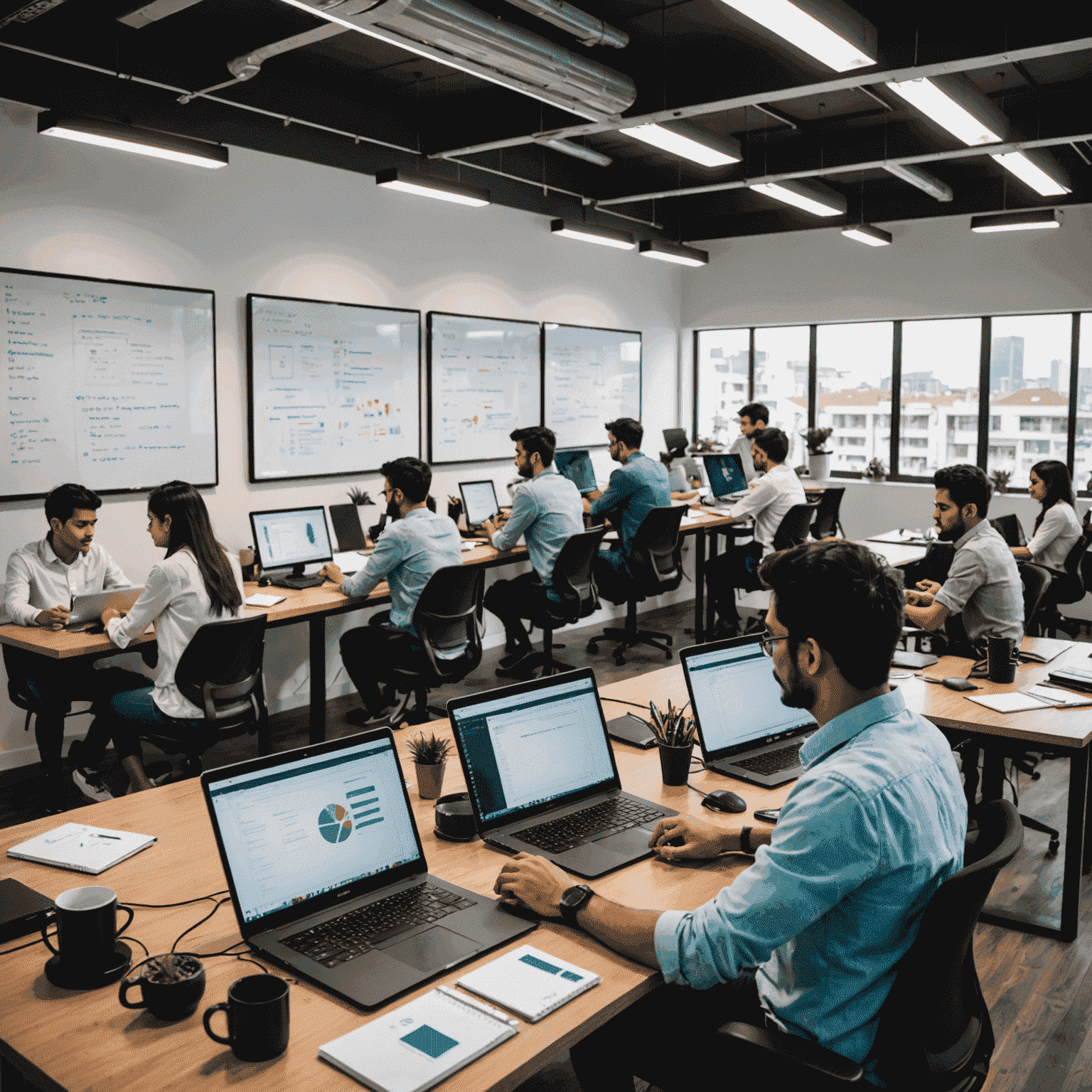 Una imagen que muestra a jóvenes profesionales peruanos trabajando en un espacio de coworking moderno, con laptops y pizarras llenas de código, simbolizando el futuro brillante de la programación en Perú