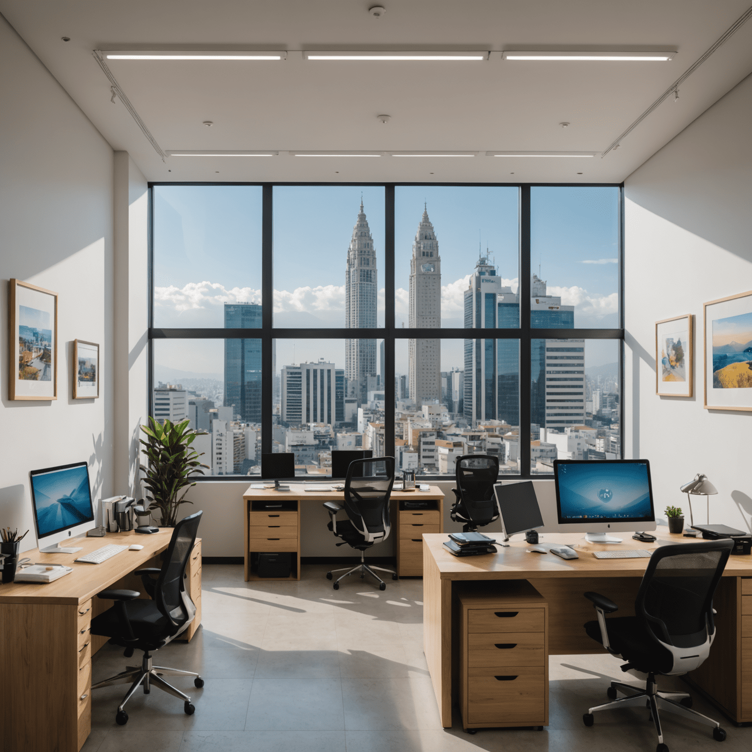 Imagen de la oficina de voveweu.com en Lima, Perú. Espacio de trabajo moderno y abierto con escritorios, computadoras y una gran ventana con vista a la ciudad.