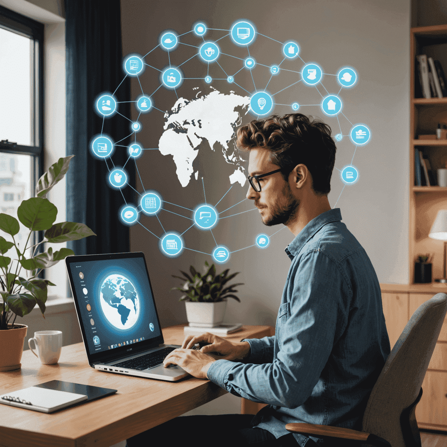 Persona trabajando en una computadora desde casa con iconos de conexión global, representando el trabajo remoto