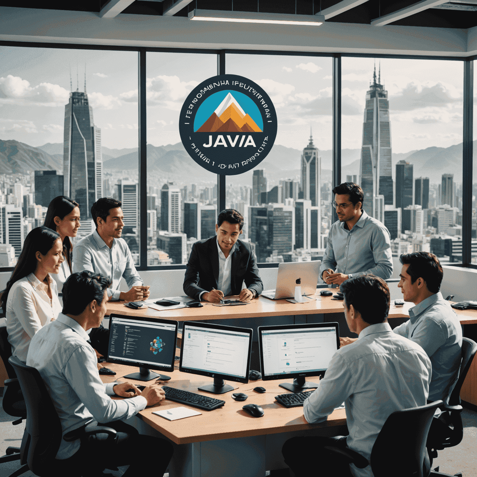 Equipo de desarrolladores peruanos colaborando en un proyecto Java empresarial, con iconos de grandes empresas peruanas en el fondo