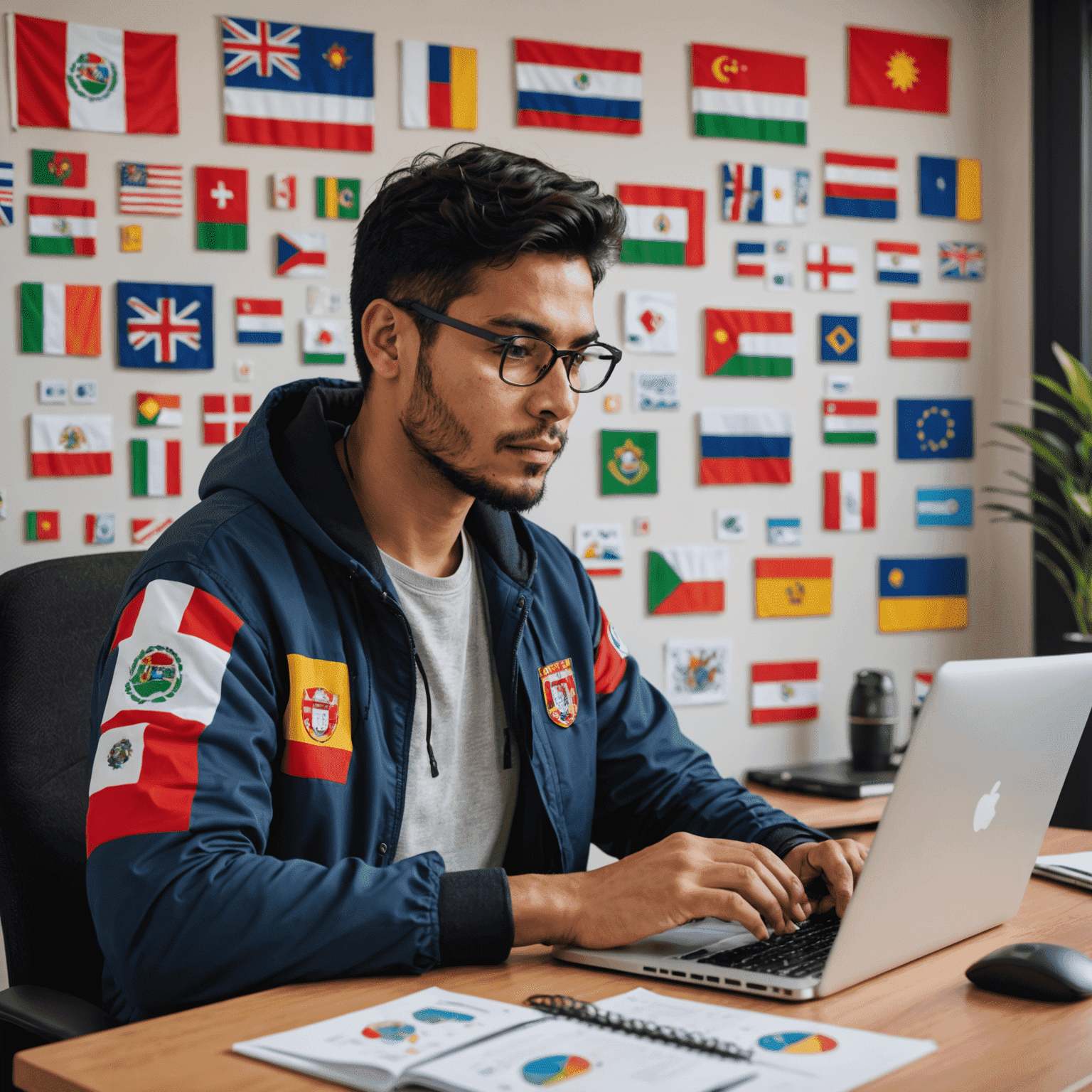 Una imagen que muestra a un programador peruano trabajando desde casa, con iconos de conexiones globales y banderas de diferentes países, representando oportunidades de trabajo remoto internacional.